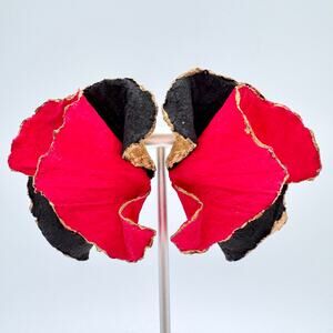 Vintage 80s Melange Artisan Handmade Paper Earrings Haute Couture Red Black Gold
